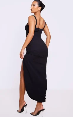 Black Chiffon Underwired Corset Button Ruched Midaxi Dress