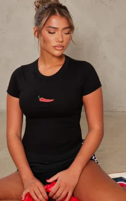 Black Chilli Print Fitted Short Sleeve T Shirt