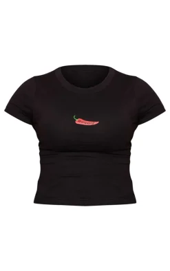 Black Chilli Print Fitted Short Sleeve T Shirt