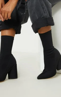 Black Chunky Block Heel Sock Boot