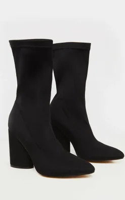 Black Chunky Block Heel Sock Boot