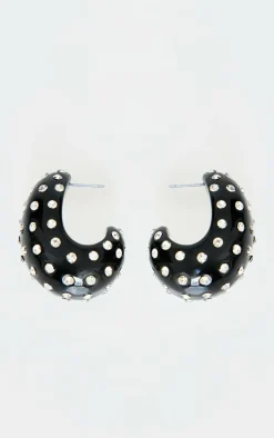 Black Chunky Diamante Hoop Earrings