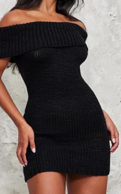 Black Chunky Knit Foldover Bandeau Mini Dress