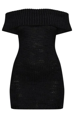 Black Chunky Knit Foldover Bandeau Mini Dress