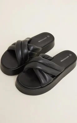 Black Chunky Padded Cross Straps Sandals