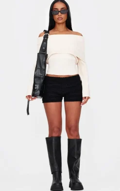 Black Chunky Raised Contrast Knit Mini Shorts