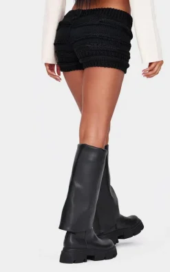 Black Chunky Raised Contrast Knit Mini Shorts