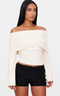 Black Chunky Raised Contrast Knit Mini Shorts