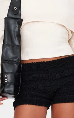 Black Chunky Raised Contrast Knit Mini Shorts
