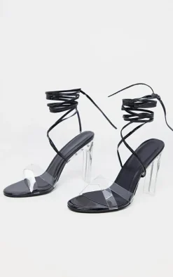 Black Clear Heel Ankle Tie Sandal