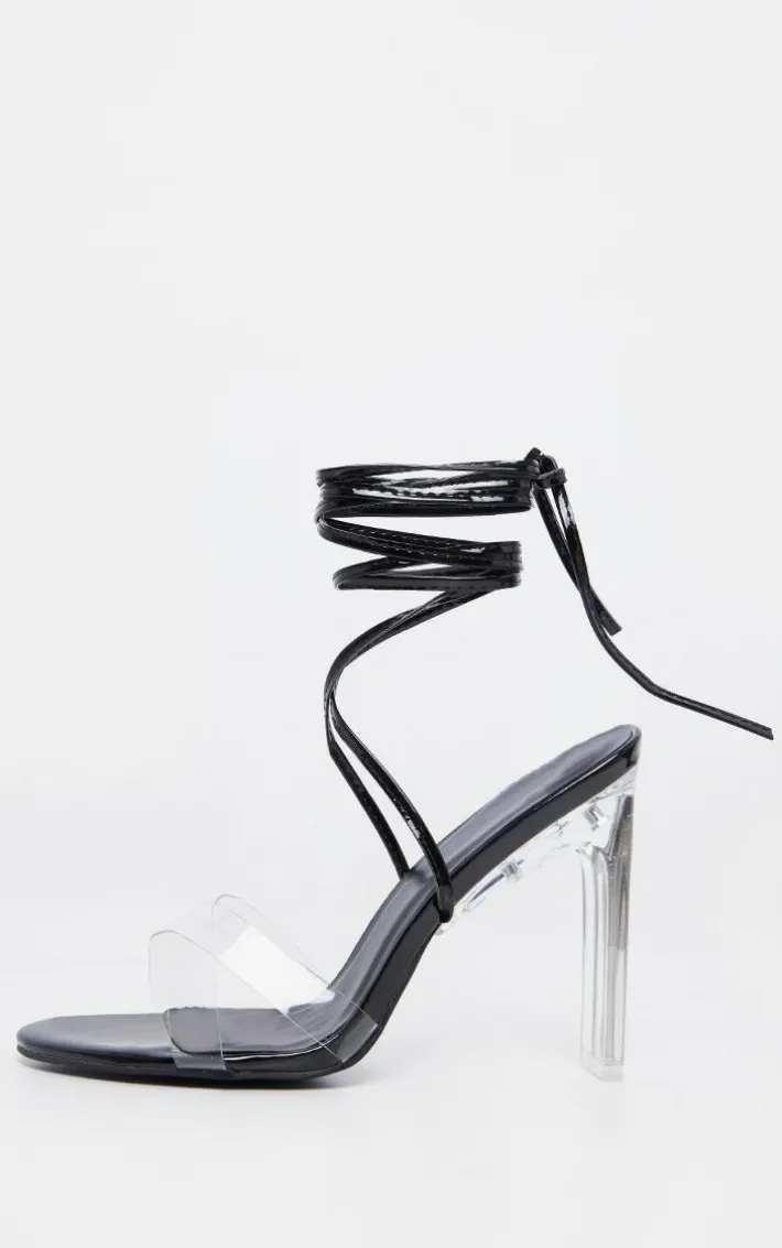 Black Clear Heel Ankle Tie Sandal