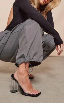 Black Clear Square Toe Thick Double Strap Chunky Block High Heeled Sandals