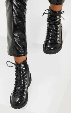 Black Cleated Sole Combat Eyelet Ankle Boot