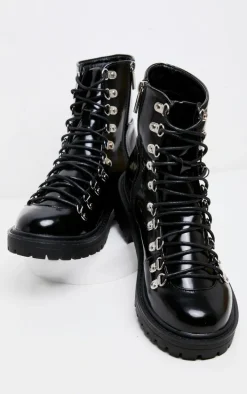 Black Cleated Sole Combat Eyelet Ankle Boot
