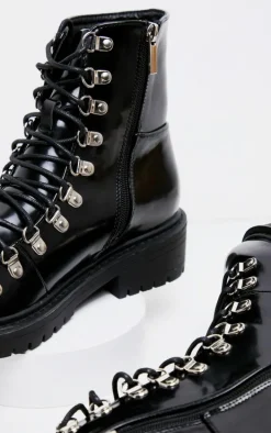 Black Cleated Sole Combat Eyelet Ankle Boot