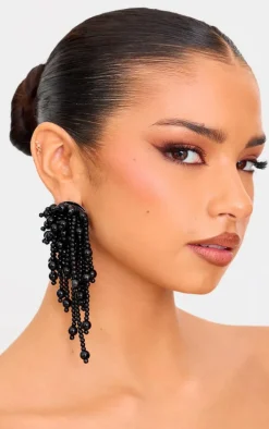 Black Cluster Beaded Drop Statement Earrings