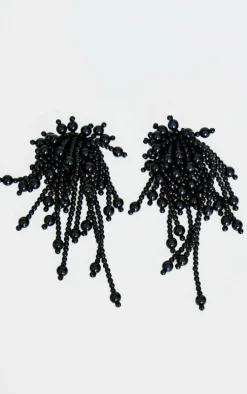 Black Cluster Beaded Drop Statement Earrings