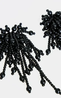 Black Cluster Beaded Drop Statement Earrings