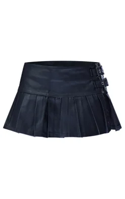 Black Coated Denim Buckle Detail Ultra Mini Skirt
