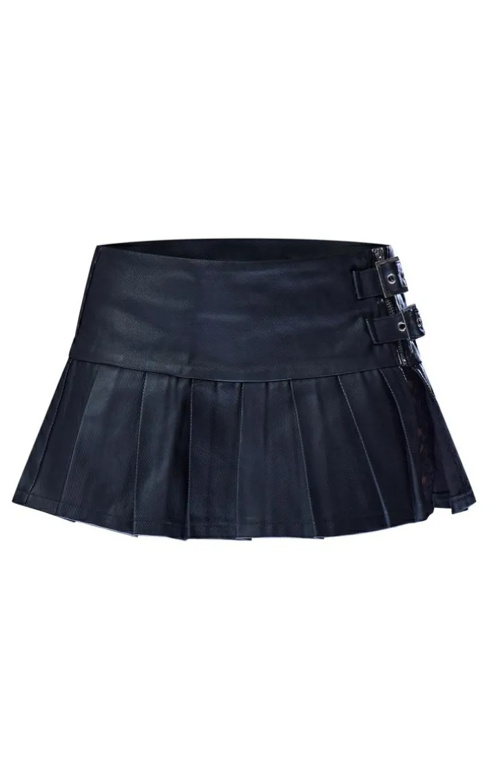 Black Coated Denim Buckle Detail Ultra Mini Skirt