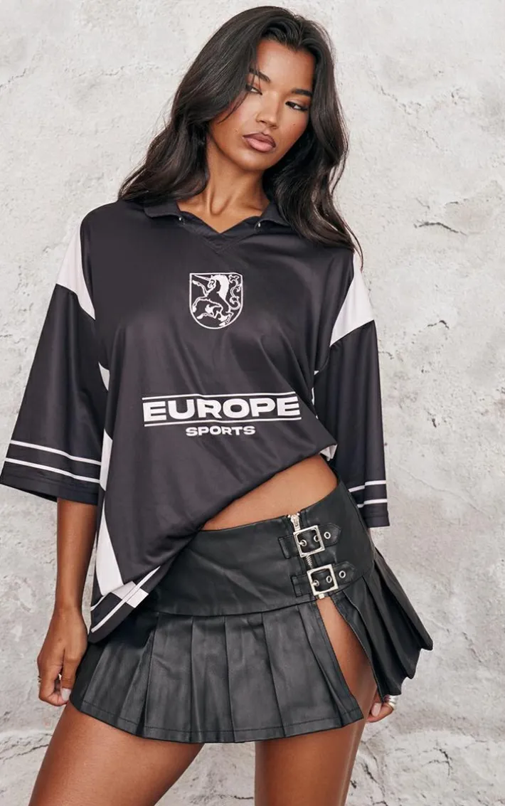 Black Coated Denim Buckle Detail Ultra Mini Skirt