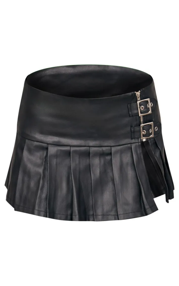 Black Coated Denim Buckle Detail Ultra Mini Skirt