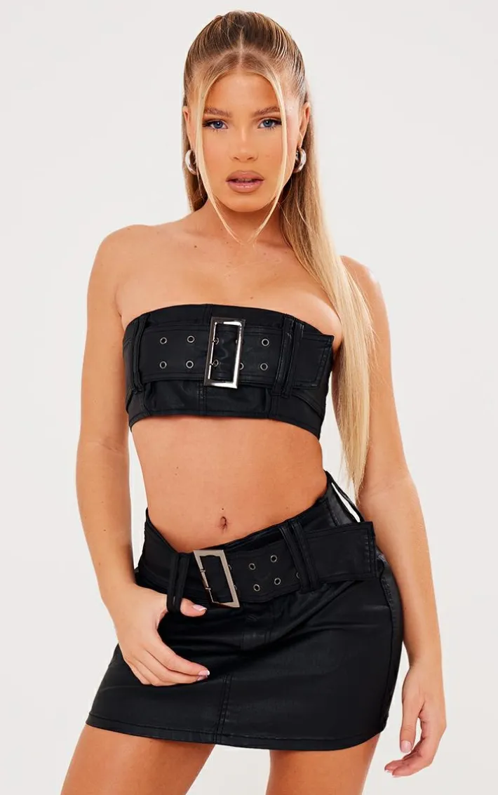 Black Coated Denim Buckle Detail Bandeau Top & Mini Skirt Set