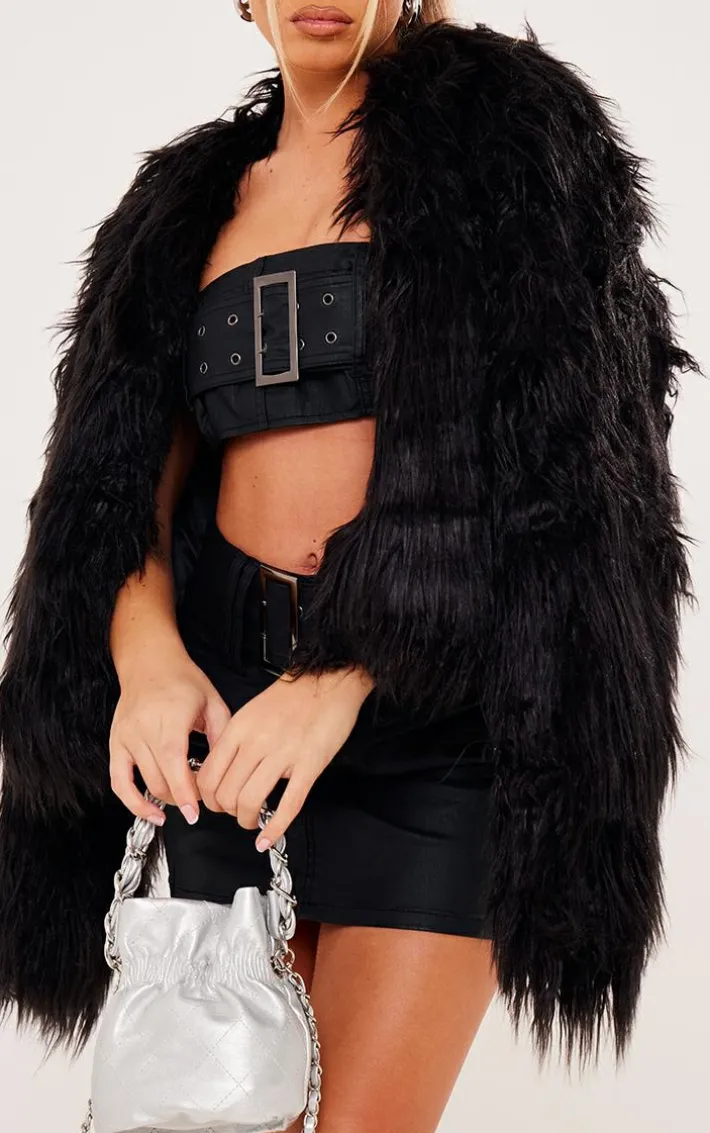 Black Coated Denim Buckle Detail Bandeau Top & Mini Skirt Set