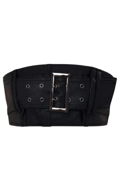 Black Coated Denim Buckle Detail Bandeau Top & Mini Skirt Set