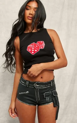 Black Coated Denim Contrast Binding Hot Pants