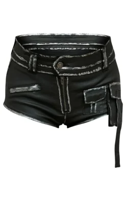 Black Coated Denim Contrast Binding Hot Pants