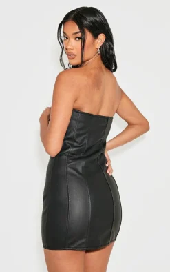 Black Coated Denim Exposed Seam Zip Up Bandeau Dress