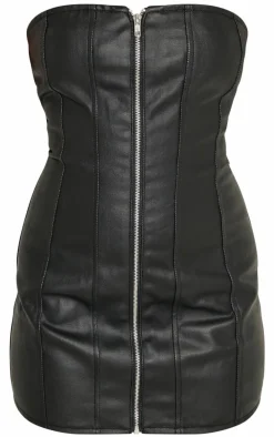 Black Coated Denim Exposed Seam Zip Up Bandeau Dress