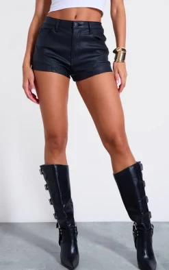 Black Coated Denim Seam Detail Hot Pant