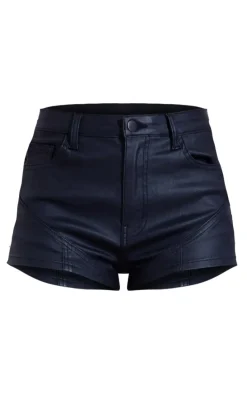 Black Coated Denim Seam Detail Hot Pant