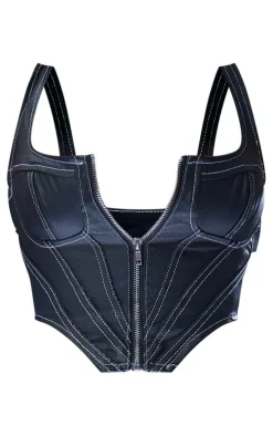 Black Coated Denim Stitch Detail Corset