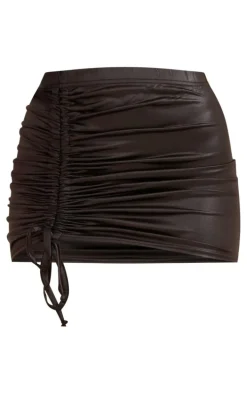Black Coated Wet Look Ruched Micro Mini Skirt