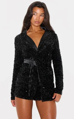 Black Collar Detail Sequin Romper