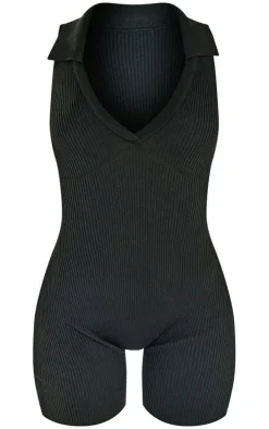 Black Collared Rib Knit Romper