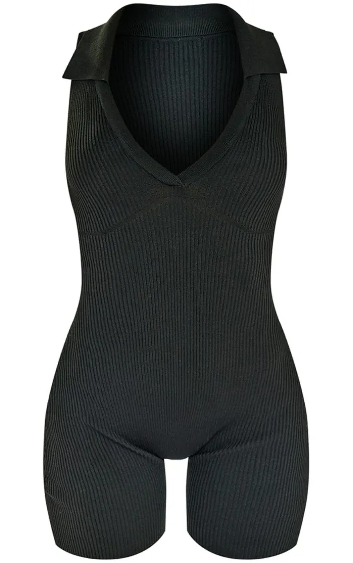Black Collared Rib Knit Romper