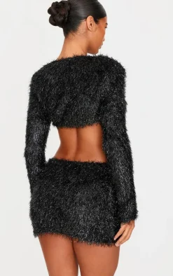 Black Confetti Look Long Sleeve Crop Top