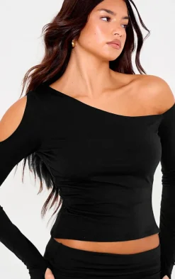 Black Contour Jersey Asymmetric Long Sleeve Top