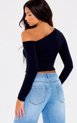 Black Contour Jersey Bardot Twist Detail Long Sleeve Top