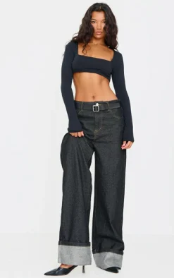 Black Contour Jersey Cropped Square Neck Top