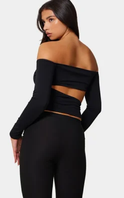 Black Contour Jersey Cut Out Bardot Top