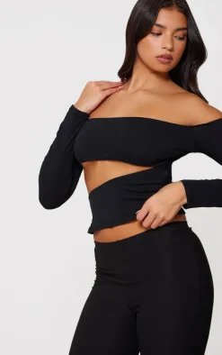 Black Contour Jersey Cut Out Bardot Top