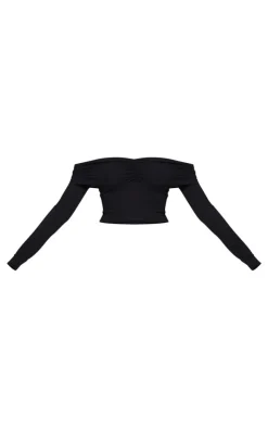 Black Contour Jersey Ruched Foldover Bardot Crop Top