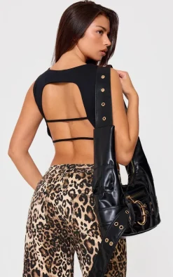Black Contour Jersey Strappy Back Detail Crop Top