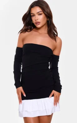 Black Contrast Bardot Ruched Shift Dress