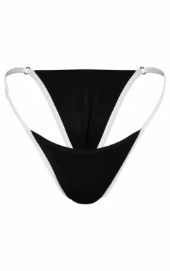 Black Contrast Binding Tanga Bikini Bottoms